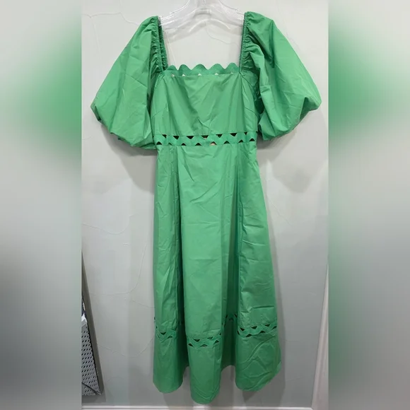 Entro Vibrant Green Midi Dress with Puff Sleeves - Picture 5 of 8